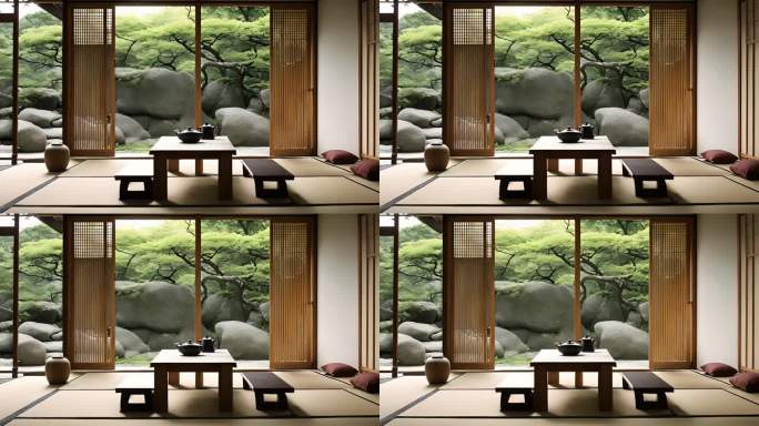 宁静的日式庭院和传统茶桌