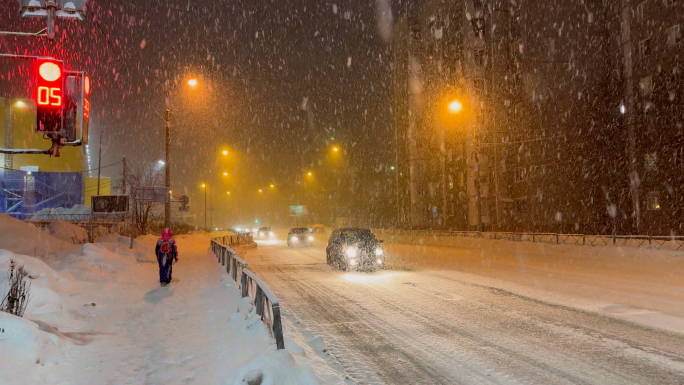 暴雪天气 路灯与老人 俄罗斯路边