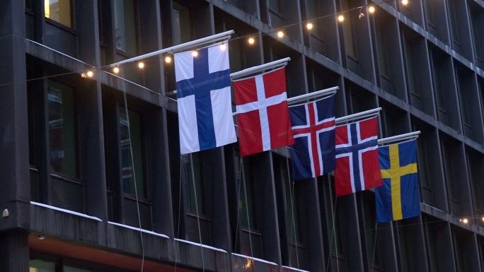 北欧国旗欧洲冬天冬季城市风光芬兰赫尔辛基
