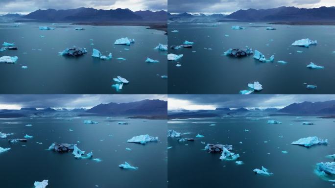 漂浮的冰山在Jökulsárlón冰川泻湖在冰岛-航拍