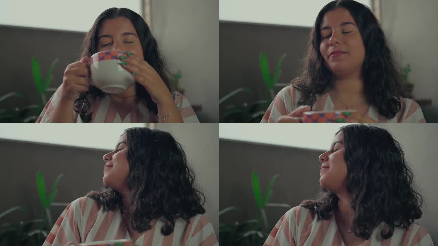 女人在放松的时候喝茶