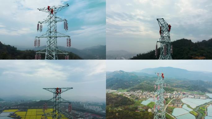 高压铁塔安装  建设 工业  航拍 视频