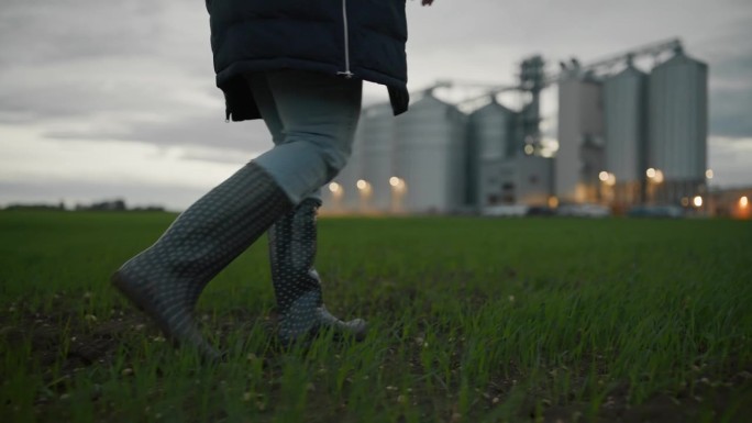 跟踪拍摄一个穿着橡胶靴的女人在农场的筒仓附近行走