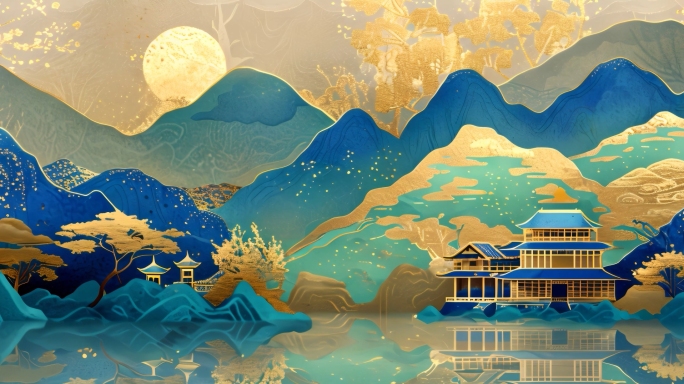 鎏金古风山水画背景