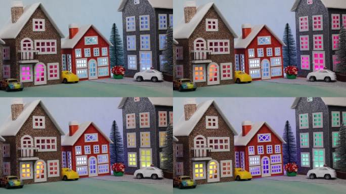 一个不同寻常的小镇，有大大小小的彩色房子，附近还有彩色的汽车