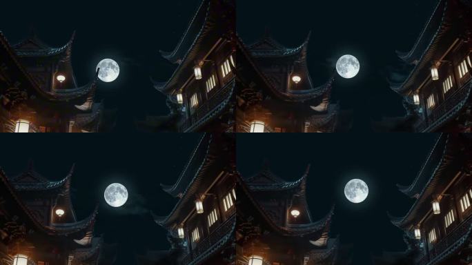 中秋月亮和古风建筑夜景延时【1】