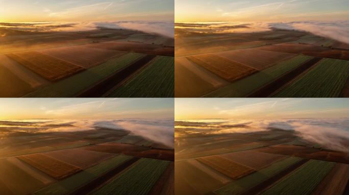 无人机拍摄的雾气在日出时越过田园诗般的农田
