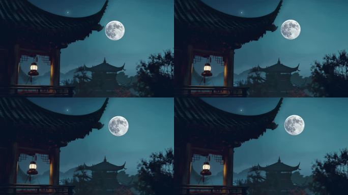 中秋月亮和古风建筑夜景延时【4】