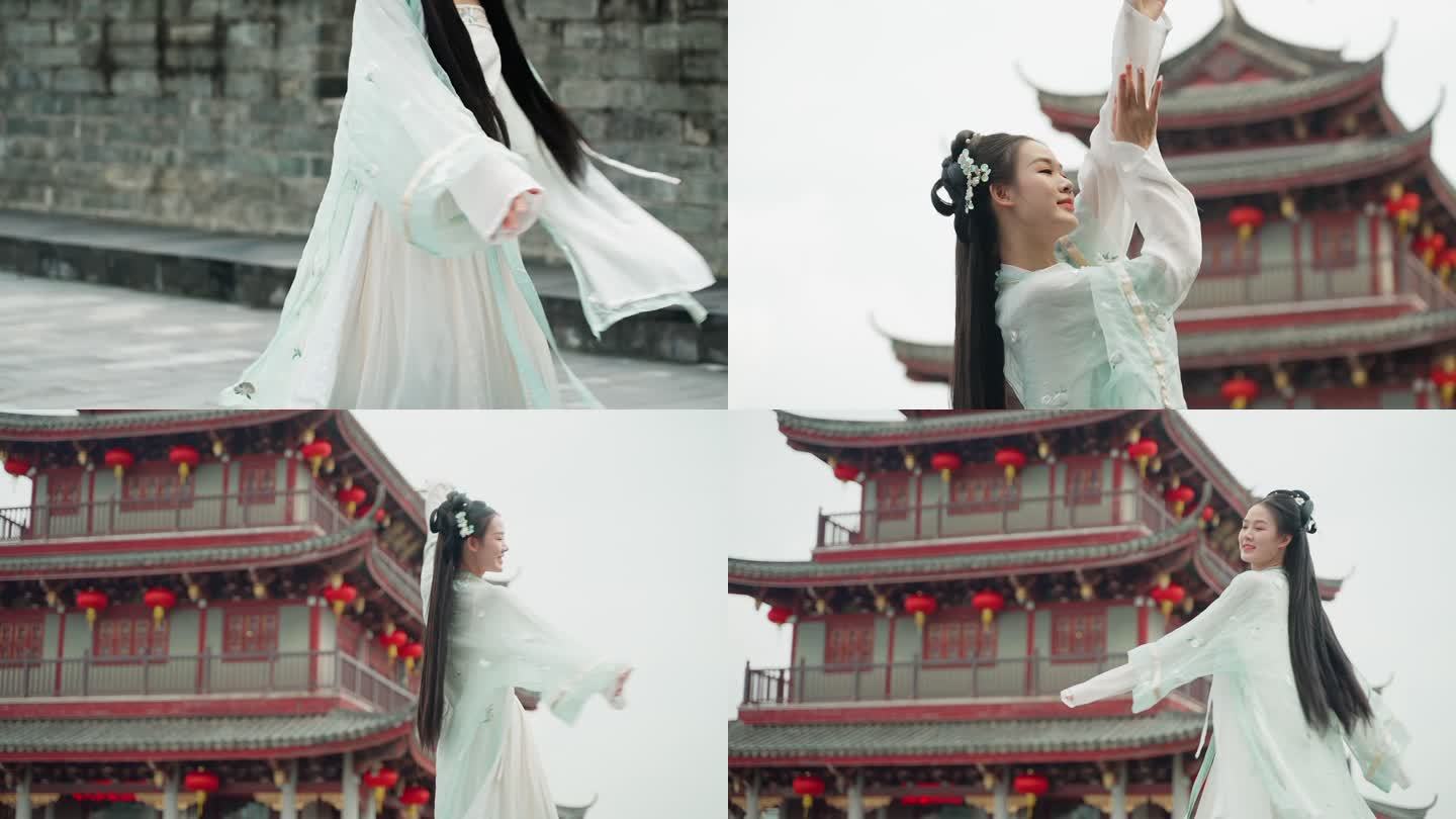 汉服女子在潮州广济楼城墙跳舞