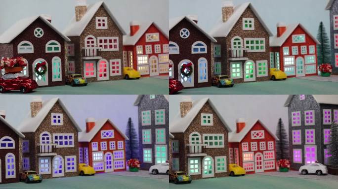 小镇上有大大小小的五颜六色的不寻常的房子，附近还有五颜六色的汽车