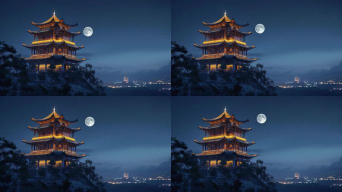 中秋月亮和古风建筑夜景延时【2】