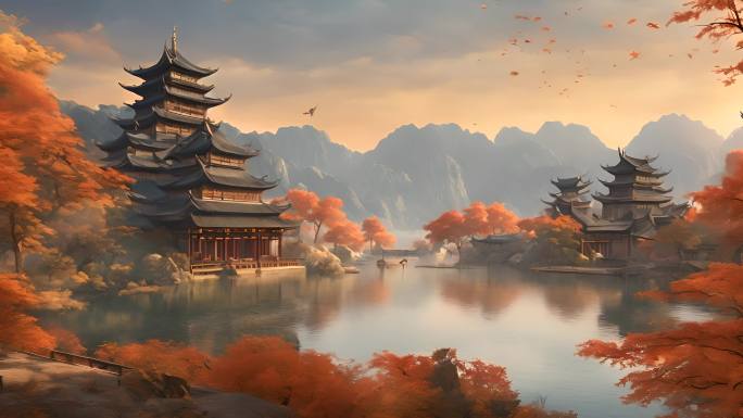 中国古风山水风景  秋天