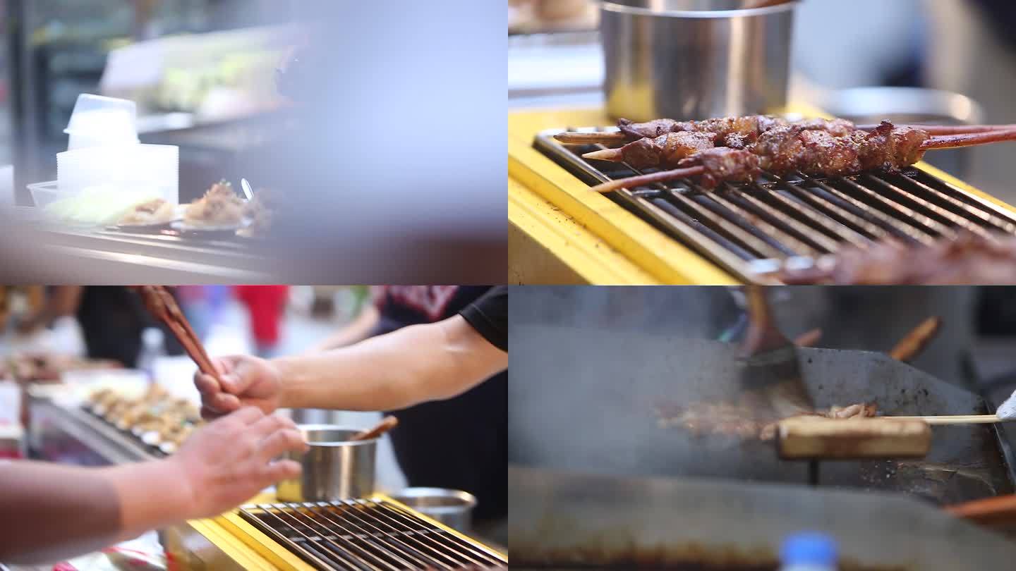 街头美食烤鱿鱼烤肉串烤扇贝炒酸奶烤大虾