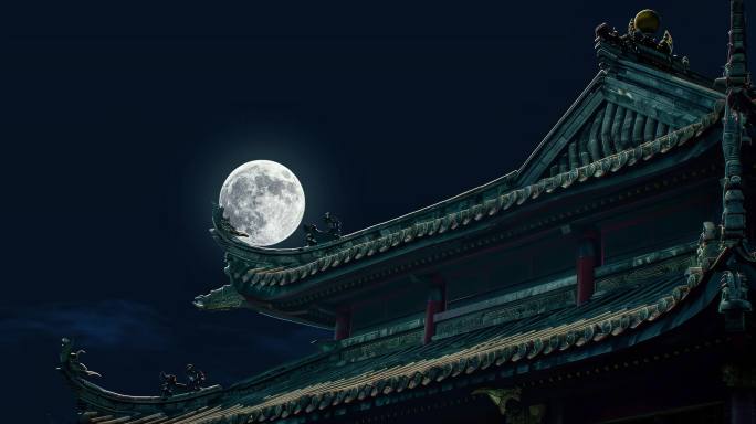 中秋月亮和古风建筑夜景延时【3】