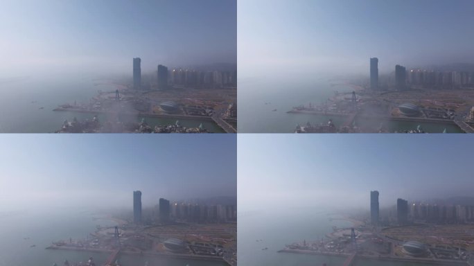 大连星海广场平流雾航拍
