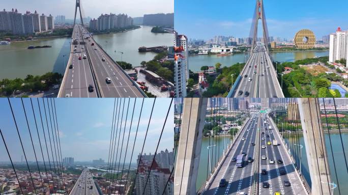 广州番禺区东沙大桥航拍车流东新高速路城市