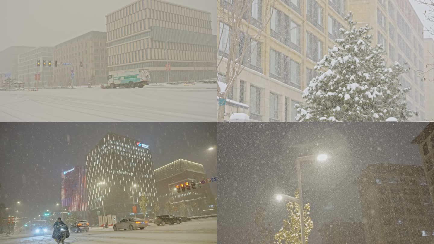 城市里大雪夜景 城市雪中夜景车流