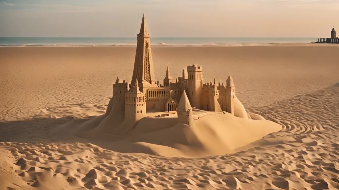 【原创精美4K】沙型建筑 海滩 海浪侵蚀