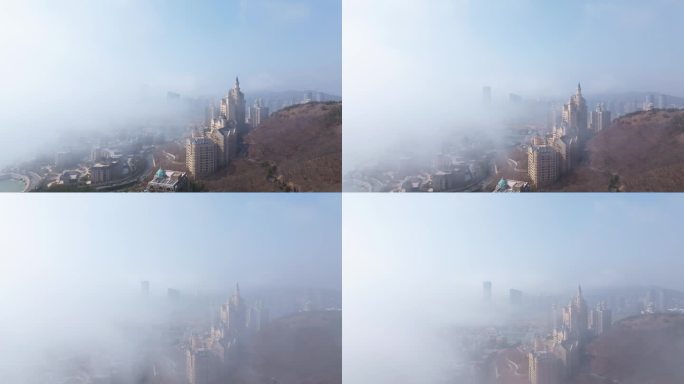 大连一方城堡平流雾航拍素材
