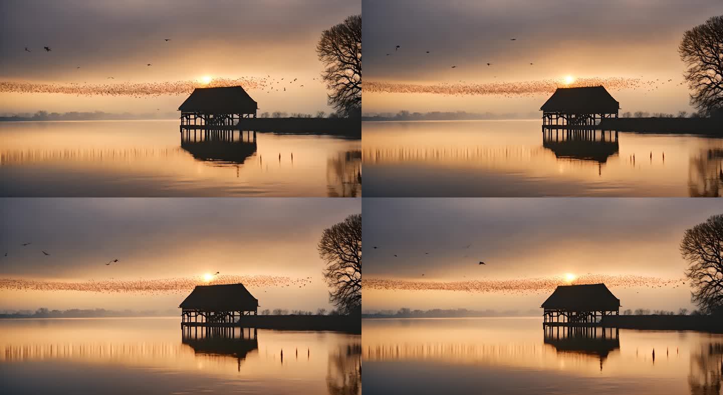 一群椋鸟飞过湖面