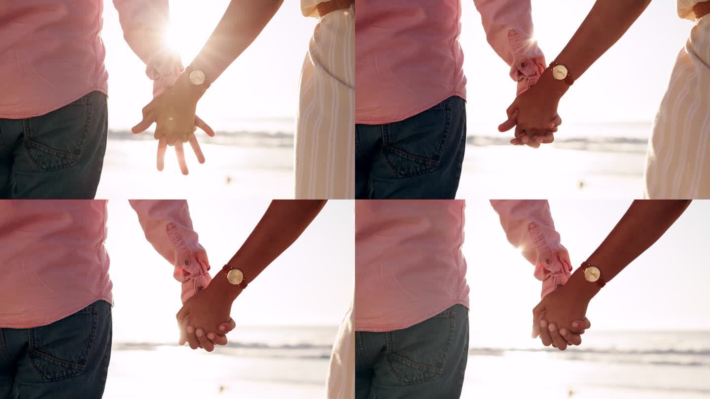 承诺，夫妇和牵着手在沙滩上的阳光和爱的特写。海洋，浪漫，男人与女人为感情，婚姻与旅游，夏天为关系，为
