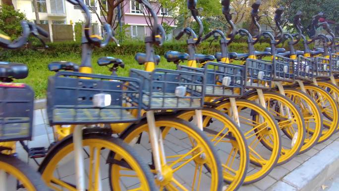 马路街边整齐摆放的共享单车城市视频素材