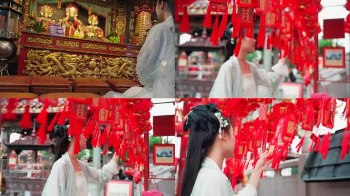 汉服女子在潮州寺庙拜神祈福