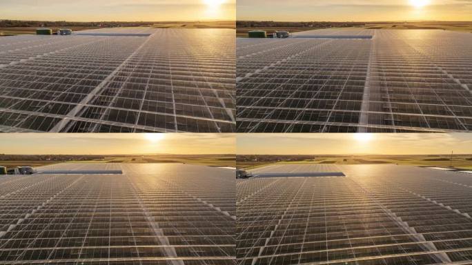 超延时无人机拍摄阳光在一排排温室在农村景观