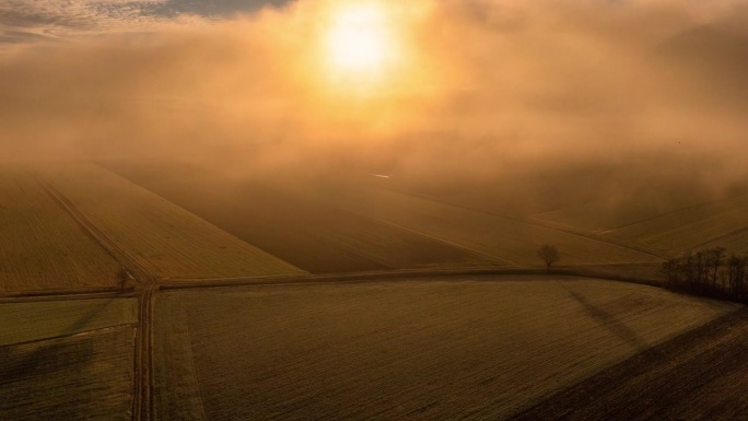 日出时，无人机拍摄的雾气翻滚在田园诗般的农田作物上