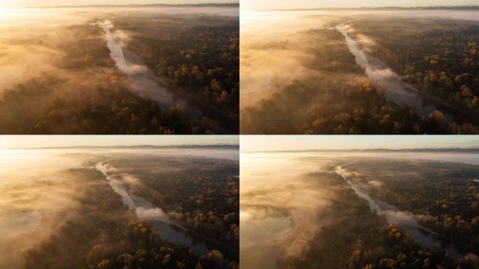 超延时无人机拍摄雾翻滚在树梢和河流在日出
