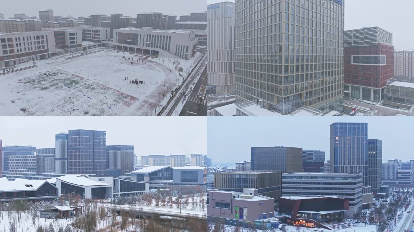 雪后学校操场打雪仗航拍 雪后的城市建筑