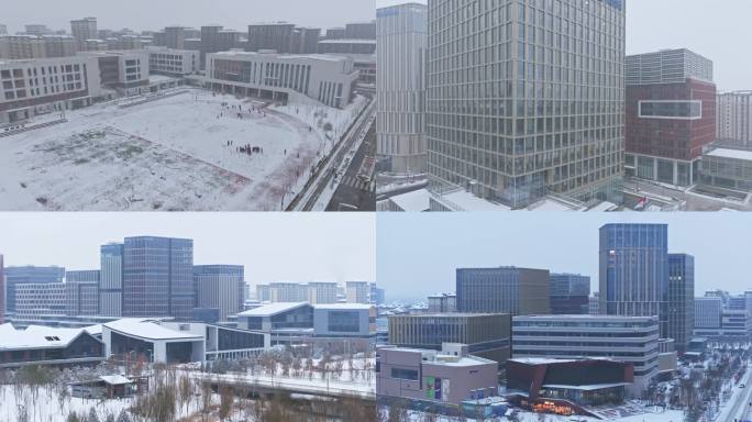 雪后学校操场打雪仗航拍 雪后的城市建筑