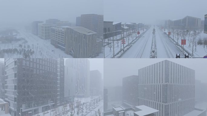 大雪中城市航拍 雪中街道 无人 能见度低