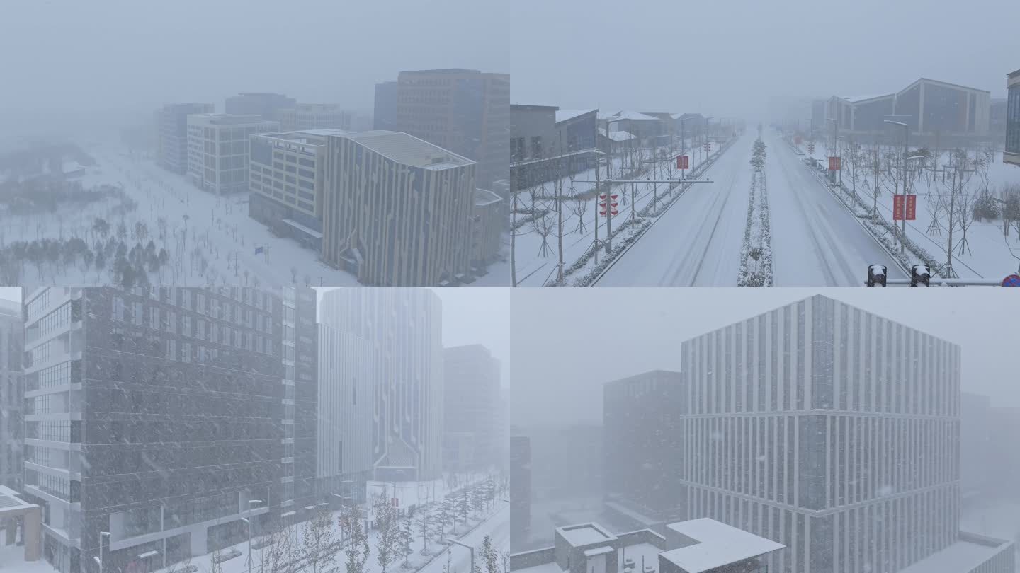 大雪中城市航拍 雪中街道 无人 能见度低