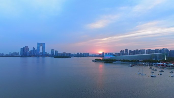 苏州金鸡湖夏天黄昏航拍全景