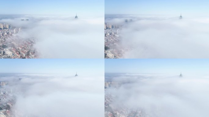 【4K】山东烟台城市平流雾航拍延时摄影