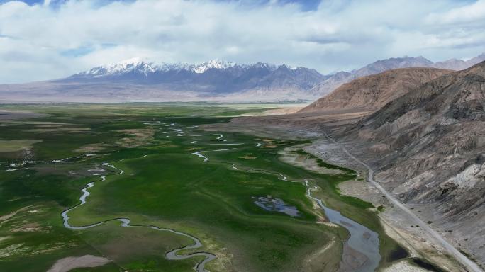 新疆喀什塔县帕米尔高原塔合曼湿地河道航拍