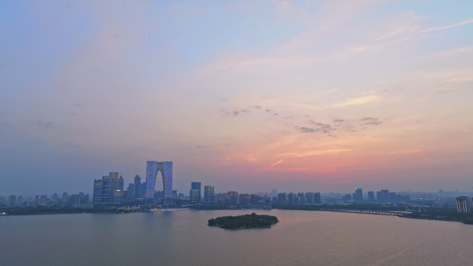 苏州金鸡湖夏天黄昏落日航拍全景