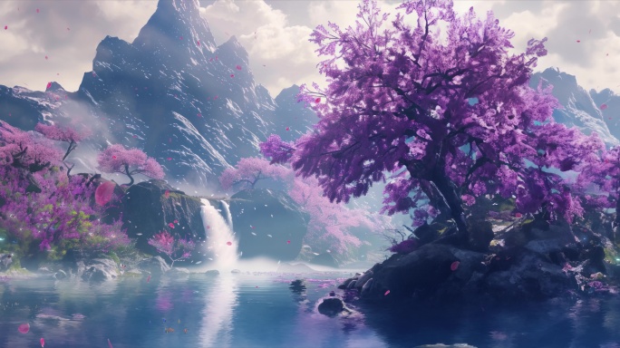 紫色花草树木远山瀑布