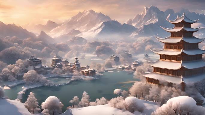 中国古风山水风景  冬天雪景