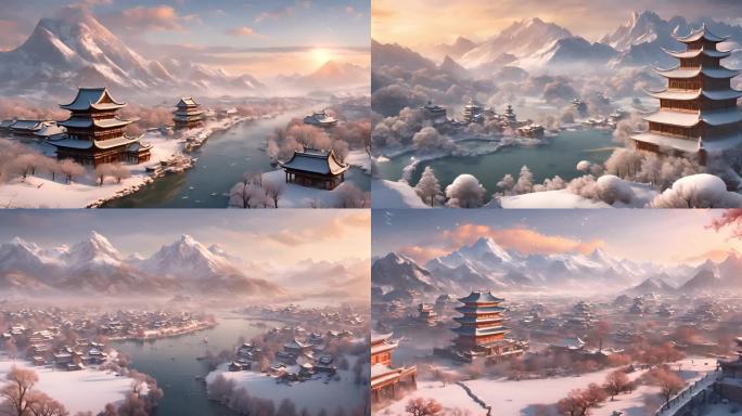 中国古风山水风景  冬天雪景