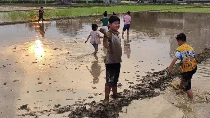 儿童田间嬉戏 小学生玩水水田玩耍小孩打闹