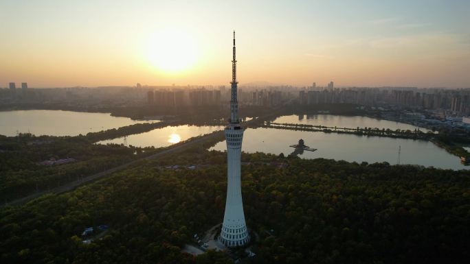 蚌埠电视塔城市夕阳落日龙子湖自然风光航拍