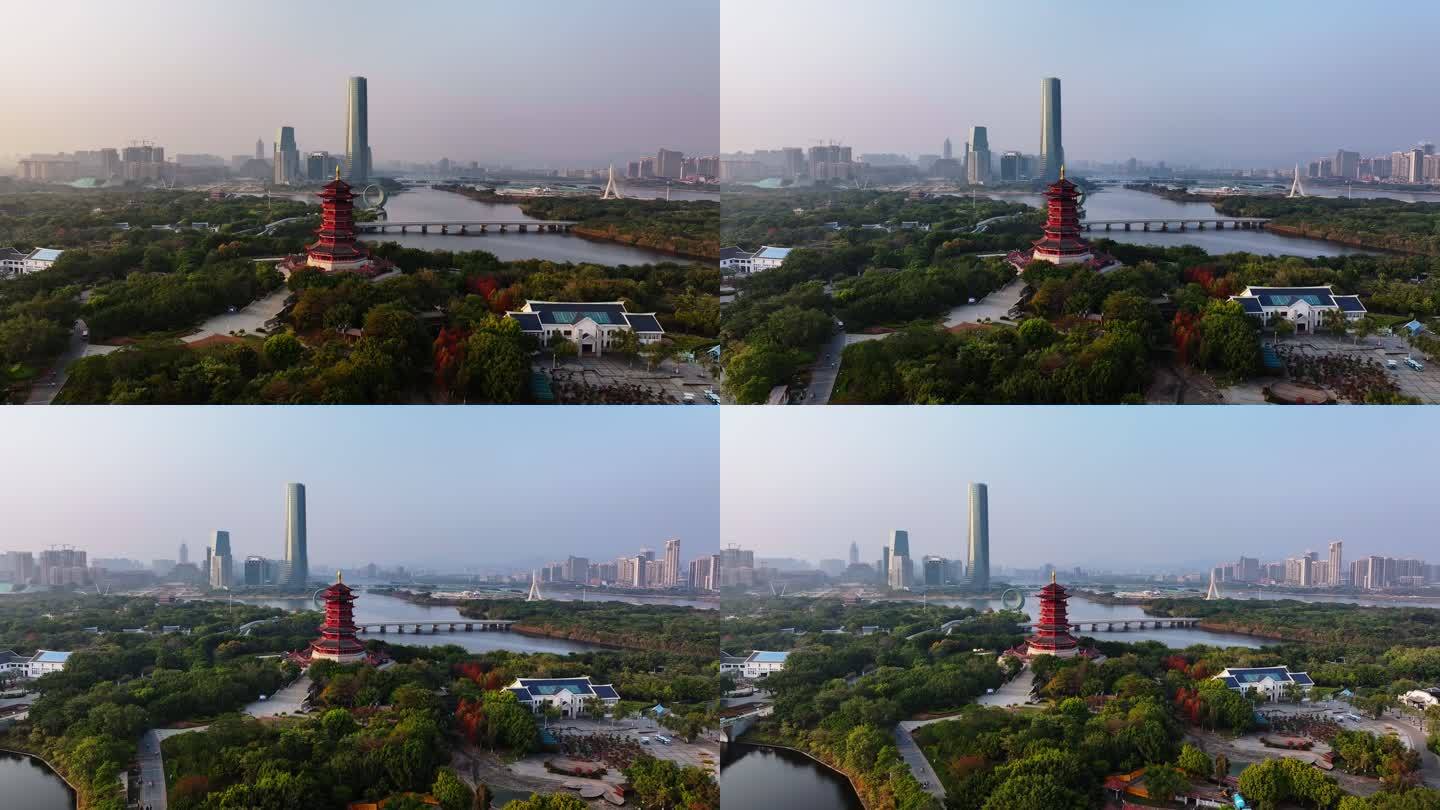 福建厦门集美水月广场杏林阁日落高空航拍