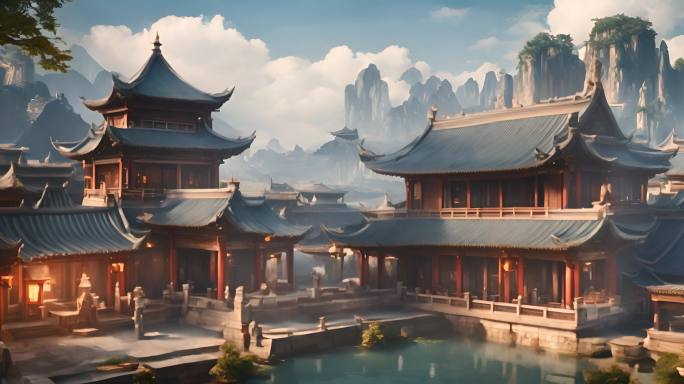 中式建筑背景视频素材航拍俯视