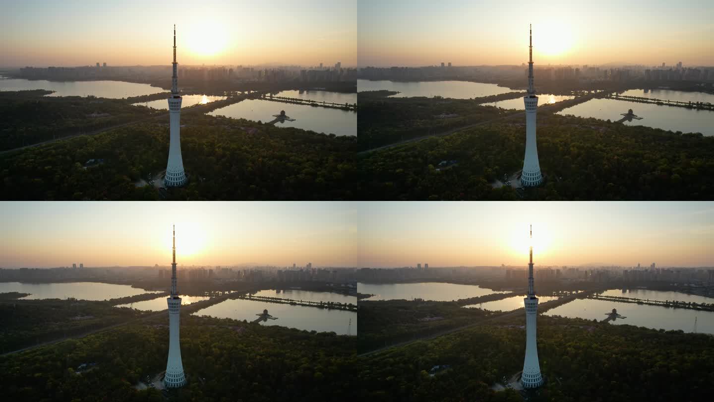 蚌埠电视塔城市夕阳落日龙子湖自然风光航拍