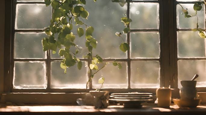 窗口前的绿植植被阳光
