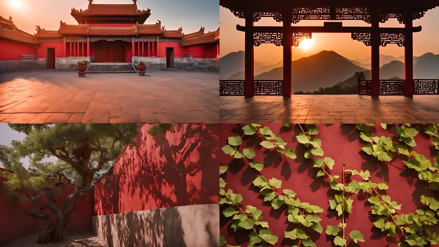 中国古建筑 红墙 光影
