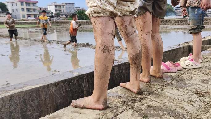 小孩子光脚丫走路脚步特写光脚丫行走田园