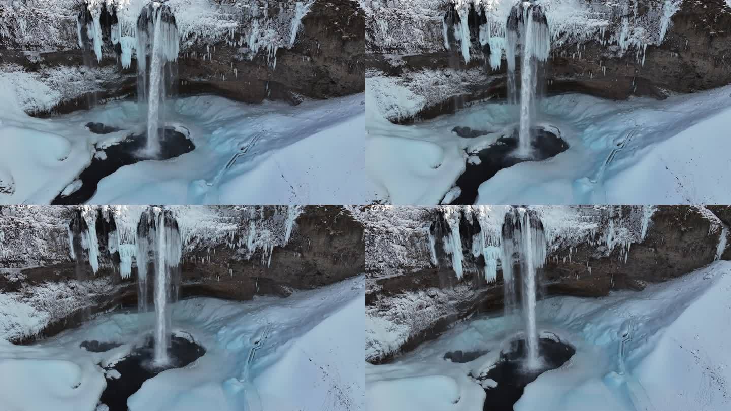 冰岛北极圈冬季塞里雅兰瀑布航拍